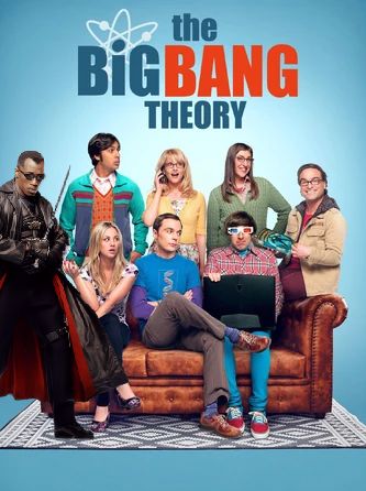 "the Big Bang Theory" promo image. The cast are sitting on and standing around the couch. For some reason, Blade (played by Wesley Snipes) is there too.