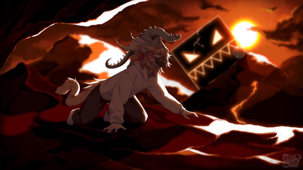 digital drawing of a nekomimi and a small blue wyvern dragon crawling on a dark apocalyptic-looking place. the BG represents the Geometry Dash level "Tartarus".