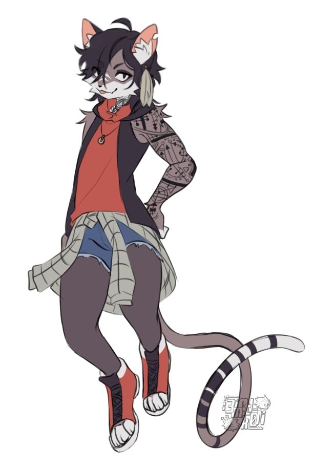 digital sketch of Agatha Volkomenn (from the RPG campaign Ordem Paranormal / Paranormal Order) as a anthro cat, specifically a grey and white tabby.