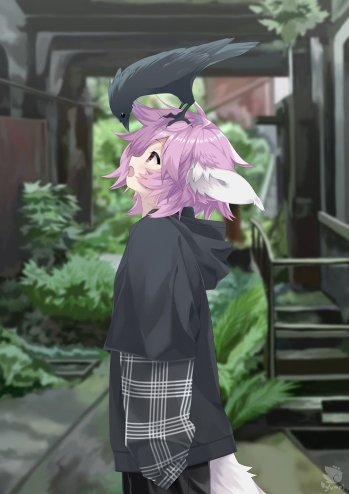digital drawing of a pink haired kitsune wearing a black hoodie. a crow is landed on her head while they both look at each other with curiosity. they're located in an alleyway full of overgrown plants.