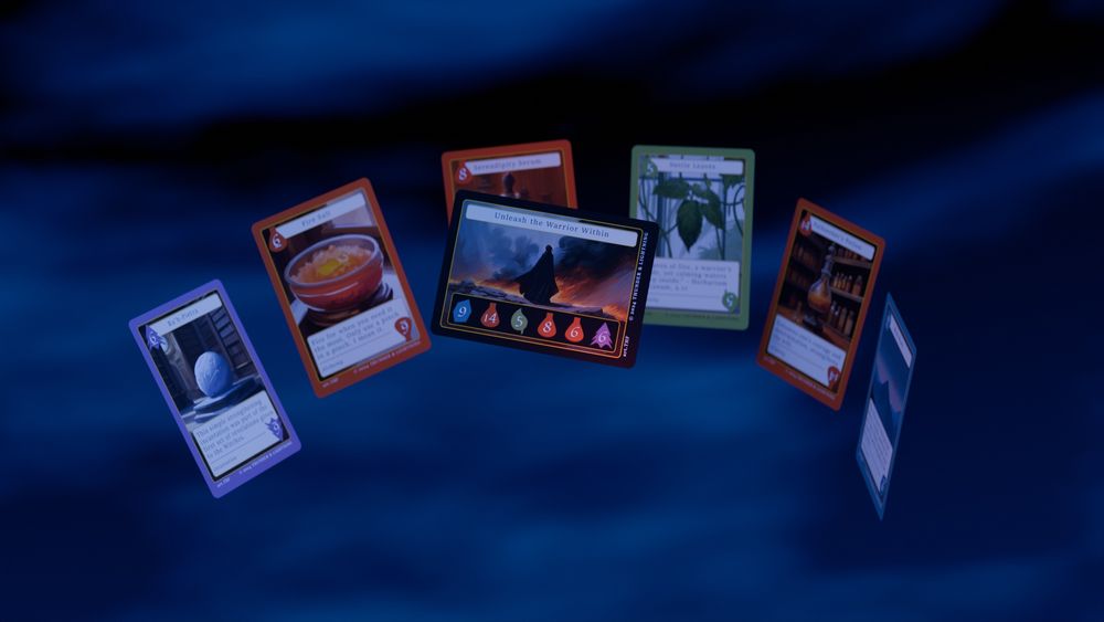 A picture of seven cards from Into The Vortex floating magically in the air.
