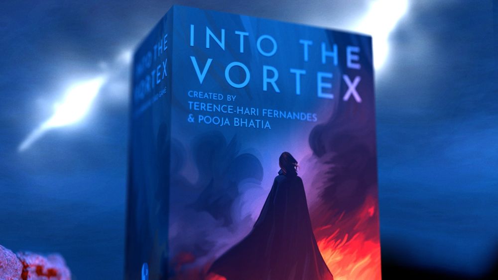 A photo of a box of the game Into The Vortex with the name of the game written on the cover and a person wearing a black billowing cloak. There's a massive lightning strike in the background that makes the whole thing look quite cool.