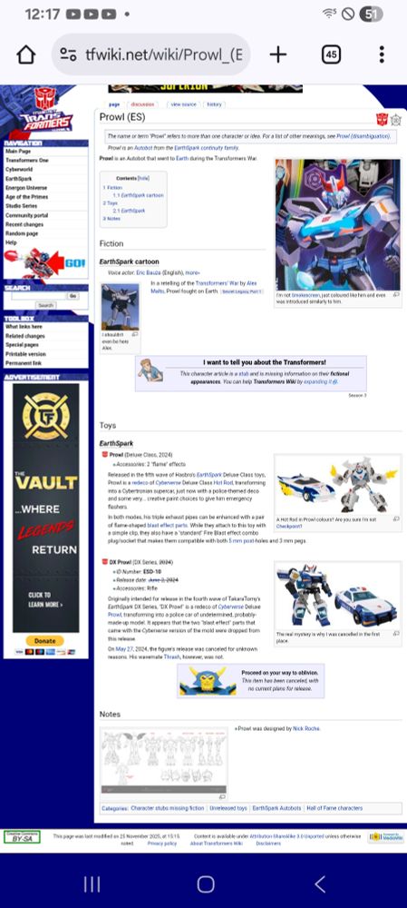 The transformers wiki page for earthspark prowl, which basically says he exists, doesn't describe his role in season 3, lists his toys (one of which was canceled), and the only notes are that he was designed by Nick Roche.