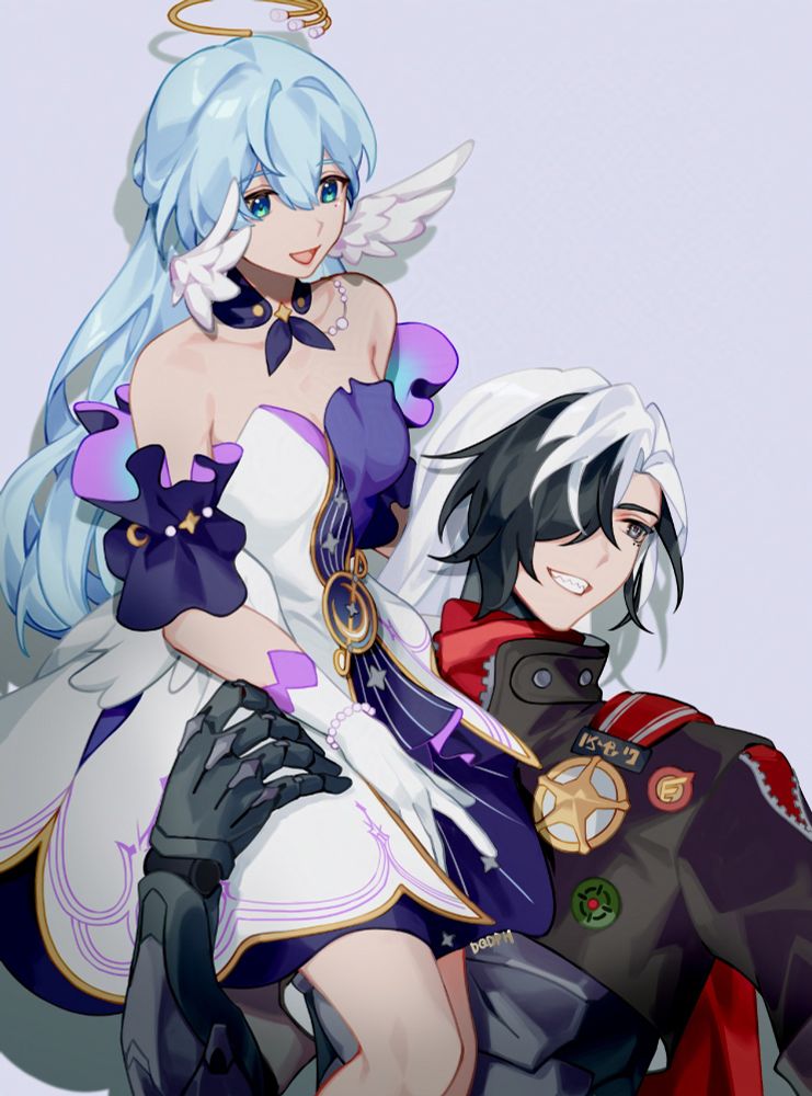 boothill carrying robin on his right shoulder. robin smiles at boothill while boothill proudly grin at somewhere as if to say, "we're engaged!"
