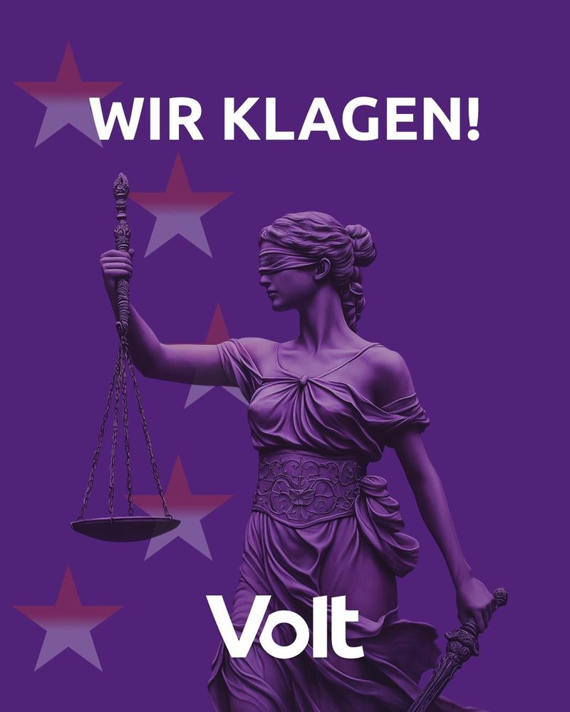 Auf dem Bild ist eine lila gefärbte Justitia-Statue zu sehen, die eine Waage in der linken und ein Schwert in der rechten Hand hält. Ihr sind die Augen verbunden. Im oberen Bereich steht in großen weißen Buchstaben „Wir klagen!“. Im Hintergrund sind mehrere halbtransparente Sterne zu erkennen. Unten im Bild ist das weiße Volt-Logo platziert. Das gesamte Bild ist in lila Tönen gehalten, was die Parteifarbe von Volt widerspiegelt.