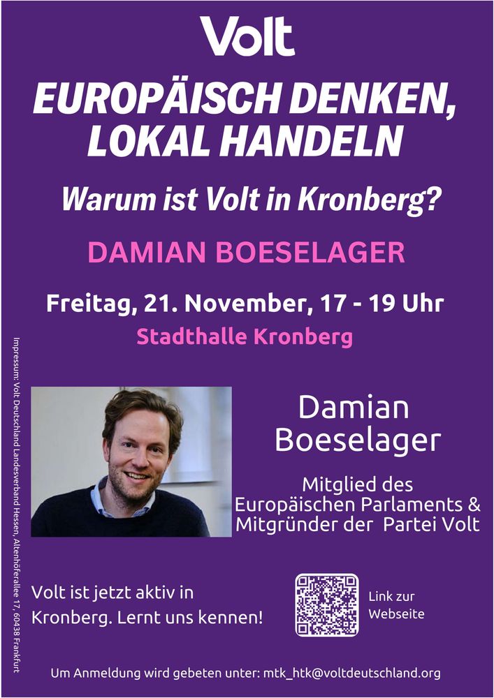 Das Bild zeigt den Flyer mit dem für die angekündigte Veranstaltung geworben wird. Dieser enthält neben den genannten Daten auch ein Bild von Damian Boeselager, auf dem dieser in die Kamera lächelt.