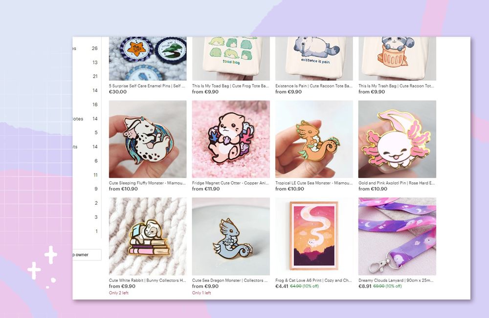 This is a screenshot with 12 different listings in my etsy shop which are restocked or new listings. most of these are enamel pins but there are also new tote bags with frogs and racoons on it, a vibrant art print and a lanyard. all of these look pretty cute and have soft pastel colours.