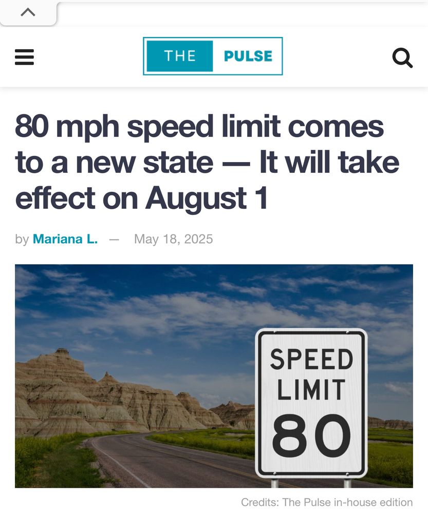 Screenshot of article from The Pulse titled “80 mph speed limit comes to a new state— It will take effect on August 1st” by Mariana L. / Published May 18, 2025