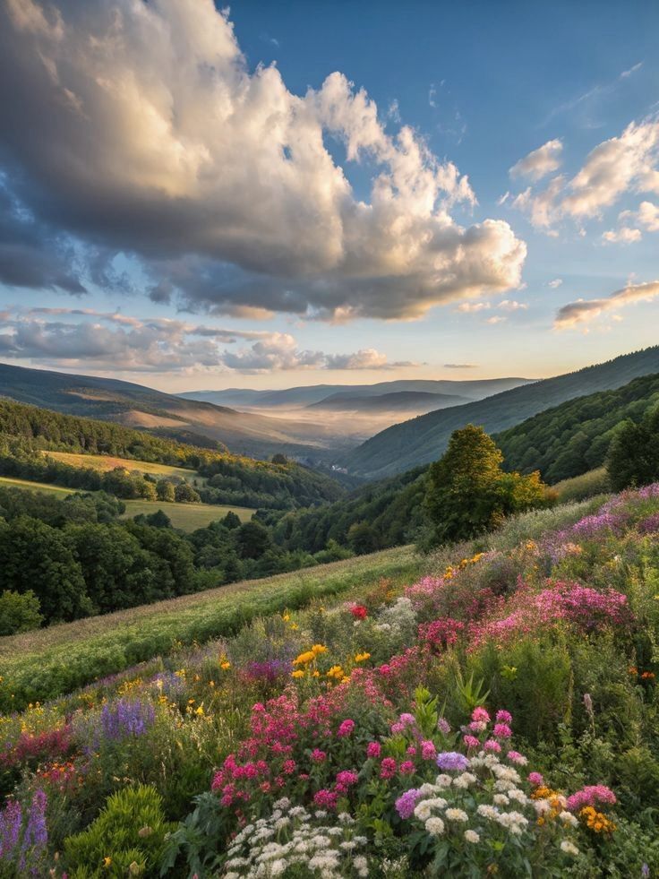 A bunch of colorful flowers on a hill with mountains and clouds in the distance 