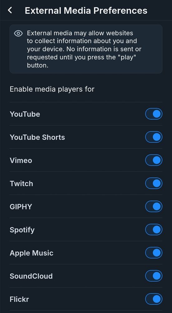 A screenshot of the External Media Preferences settings in the Bluesky app, with switches to enable or disable media players for YouTube, YouTube Shorts, Vimeo, Twitch, GIPHY, Spotify, Apple Music, SoundCloud, and Flickr. 