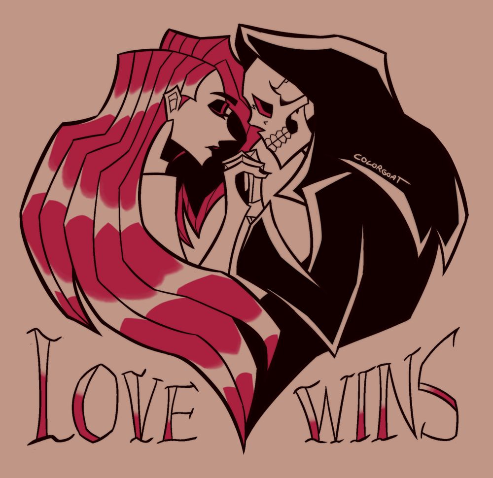 An illustration in a traditional tattoo style. A woman with long red hair is holding hands with the grim reaper, their bodies forming a heart shape. "LOVE WINS" is written underneath them.