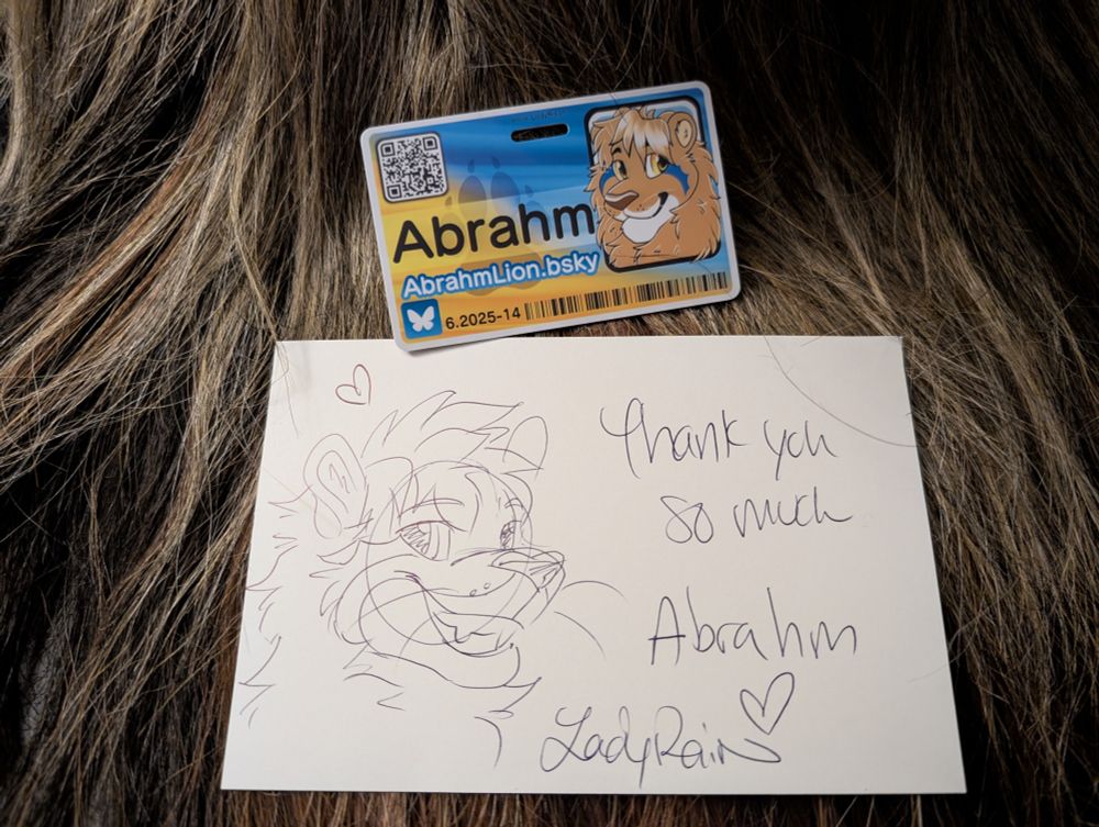 A picture of AbrahmLion's #FurryID badge and bonus artwork, sitting on the mane of his lion fursuit head. Badge artwork, design, and bonus artwork by @ladyrain.bsky.social.