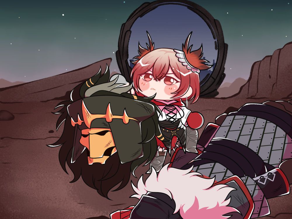 Fiammetta standing triumphant over the defeated red king while holding the yellow king's head.