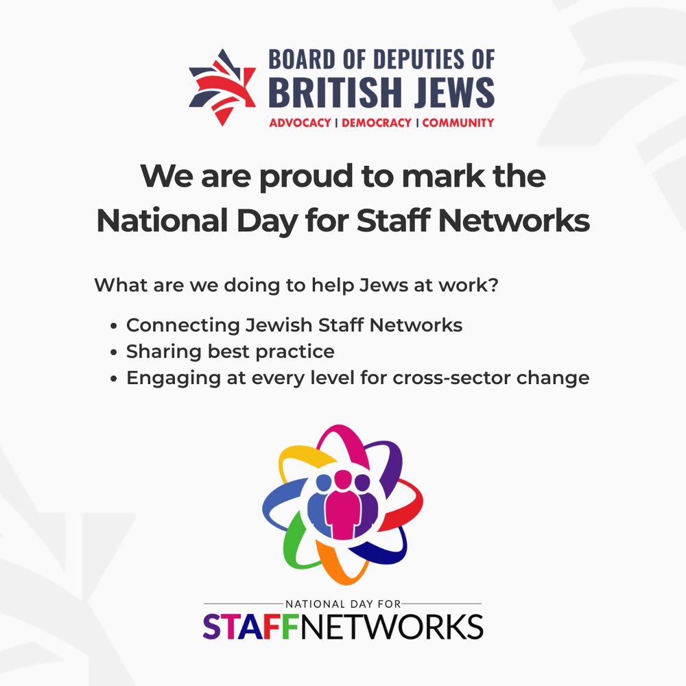 We are proud to mark the National Day for Staff Networks

What are we doing to help Jews at work?

🧑‍💼  Launching a new Jewish Staff Network Community of Practice
🖇️  Providing resources like The Employer’s Guide to Judaism
🗓️  Planning our first Jewish Staff Network Conf