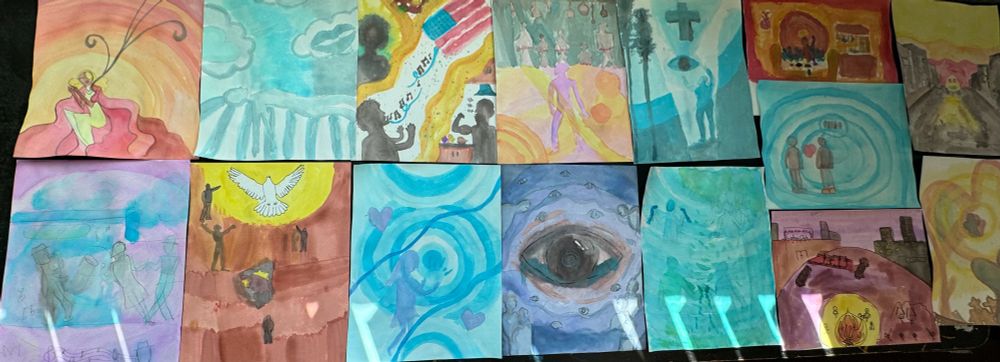 Student paintings in the style of Aaron Douglas