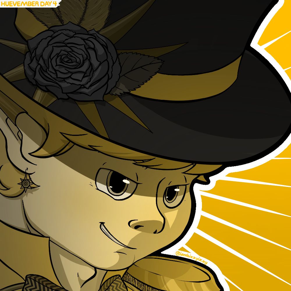 A close up of Alister Heikal's face, drawn in varying shades of yellow. He's lit by the glow of his sun-staff, just off canvas.