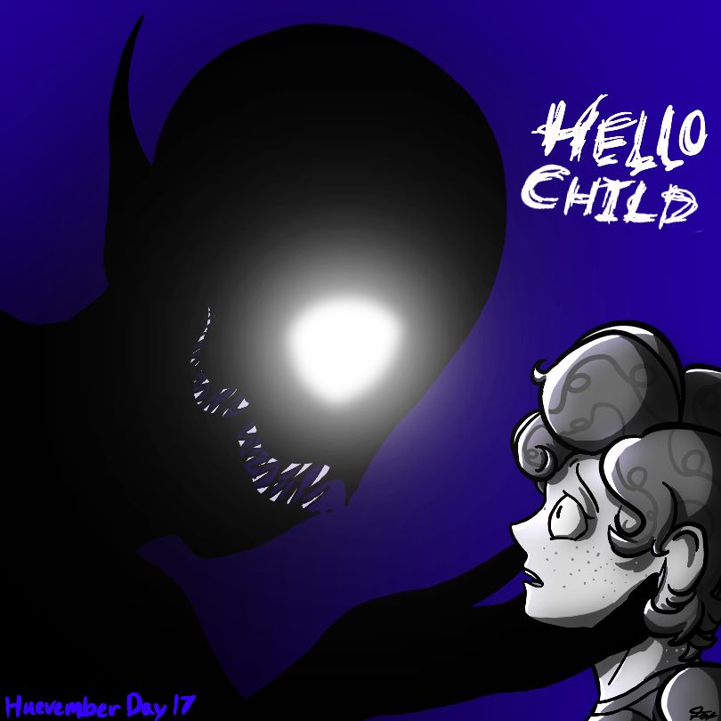 A drawing of the Parasite looming over Pepper, light spilling out of it's empty eyes. Pepper is terrified. Shaky words in the corner say "HELLO CHILD". The background is bright ultramarine blue.