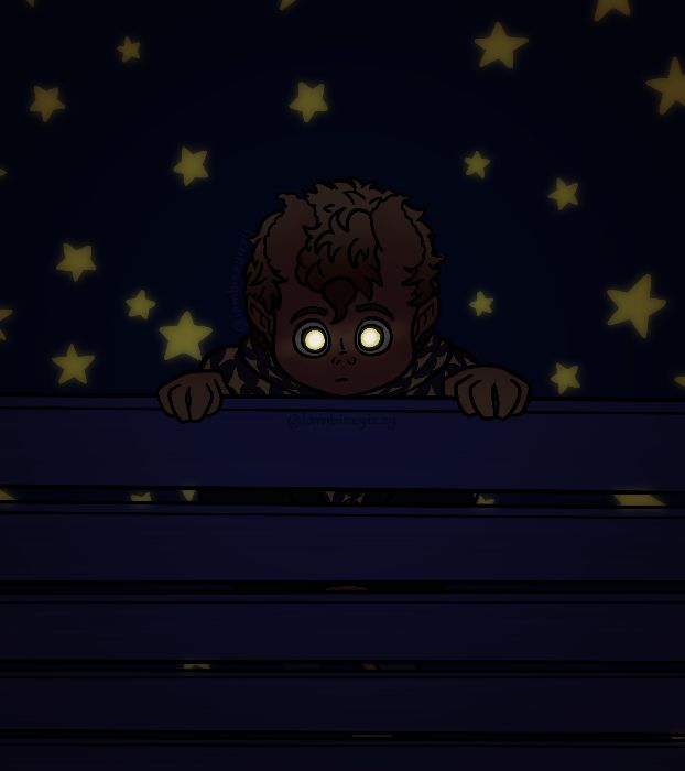 Fiasco crouched on top of the caravan's rafters, peering over the edge with a neutral expression. The room is nearly pitch black, his eyes dilated wide and glowing brightly, reminiscent of your cat when you catch them at 3am going insane with the zoomies and you have to question for a sec if they're possessed or something. Glowing stars decorate the ceiling behind him.