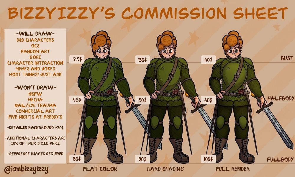 A commission sheet showing Bizzylzzy's pricing.

Flat Color Bust: 25$
Hard Shaded Bust: 30$
Full Rendered Bust: 40$
Flat Color Halfbody: 45$
Hard Shaded Halfbody: 50$
Full Rendered Halfbody: 60$
Flat Color Fullbody: 80$
Hard Shaded Fullbody: 90$
Full Rendered Fulbody: 100$

In a box to the left is the following:
Will Draw:
D&D Characters
OCs
Fandom Art
Gore
Character Interaction
Memes and Jokes
Most things! Just ask

Won't Draw:
NSFW
Mecha
Nail/Eye trauma
Commercial art
Five Nights at Freddy's

-Detailed background +30$
-Additional characters are 50% of their sized price
-Reference images required
