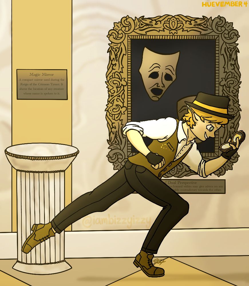 A drawing of Alister stealing a compact mirror from a magic museum. A plaque over the now-empty pedestal reads in smal text "Magic Mirror. A compact mirror used during the Reign of the Crimson Tyrant. It shows the location of any creature whose name is spoken into it." Behind Alister is a painting of two affronted theatre masks. The plaque below them is partially obscured by Alsiter, but the following is visible "—of Dual Perspective. —ies housed within may give advice on any —ighly contradictory to the other." Alister looks confident as he grins down at the mirror.