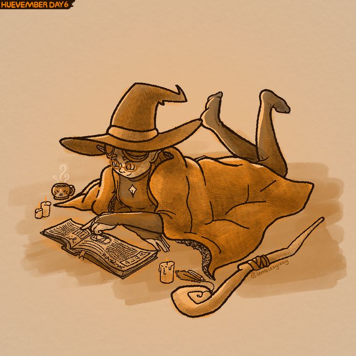 Elvie lying and kicking her feet on the ground with a big cozy blanket around her shoulders, while reading a large spellbook. She's colored in various shades of orange.