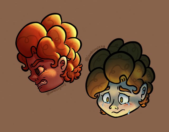 Two bust shots of Pepper. One is an enraged left facing profile, harshly backlit. The other is looking down and holding in tears, lit in the front as if by a candle.