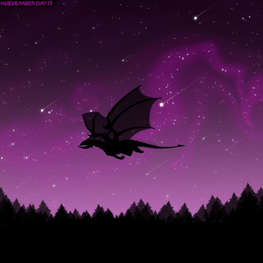A black dragon flying across a night sky