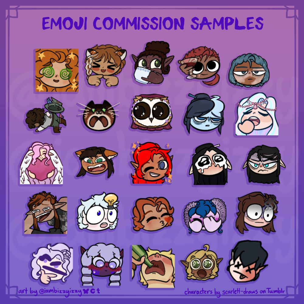 A sample sheet showing 25 different emojis for buyer inspiration