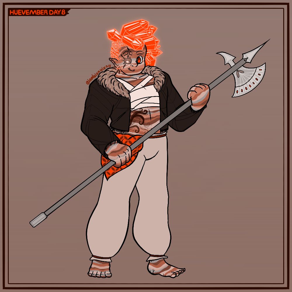 A flat colr drawing of an earth genasi with striped stone skin and ruby crystals for hair. Their right eye is missing, and a faint red light shines from it.