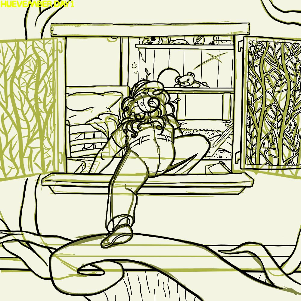 A sketch of a very young Pepper climbing out her bedroom window. The line art is half finished.
