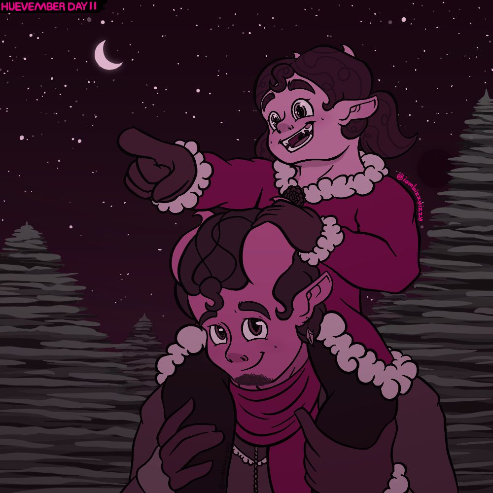 A drawing of Heat carrying his daughter Dahlia on his shoulders 