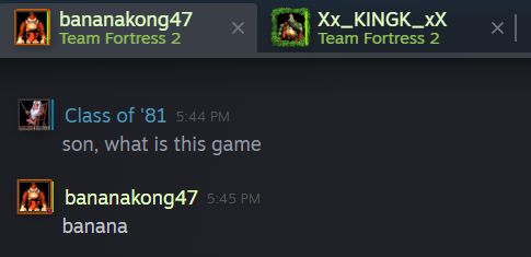 A Steam text chat, from Cranky Kong's (labelled as "Class of '81") point of view. He's talking to Donkey Kog ("bananakong47"), inquiring about the game Team Fortress 2. DK responds by simply saying "banana". The next tab has a chat with King K. Rool ("Xx_KNGK_xX")
