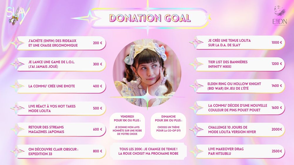 Donation goals pour l'événement SLAY 2025.
200€ : j'achète (enfin) des rideaux et une chaise ergonomique
300€ : je lance une game de L.O.L. (j’ai jamais joué)
400€ : la commu’ crée une emote
500€ : live réact à vos hot takes mode lolita
600€ : retour des streams magazines japonais
800€ : on découvre clair obscur : expedition 33
1000€ : je crée une tenue lolita sur la D.A. de slay
1200€ : tier list des bannières infinity nikki
1400€ : elden ring ou hollow knight (bid war) en jeu de l’été
1600€ : la commu’ décide d’une nouvelle couleur de pins pouet pouet
2000€ : challenge 10 jours de mode lolita version hiver
2500€ : live makeover drag par HitsuBlu
Vendredi uniquement, pour 10€ ou plus : je donne mon avis honnête sur une robe de votre choix
Dimanche unique, pour 30€ ou plus : choisis un thème pour la co-op Dress to impress
Donation goal récurrent, tous les 200€ : je change de tenue ! la roue choisit ma prochaine robe