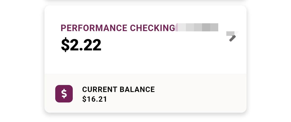 banking screenshot performance checking $2.22 current balance $16.21 (due to pending transaction)