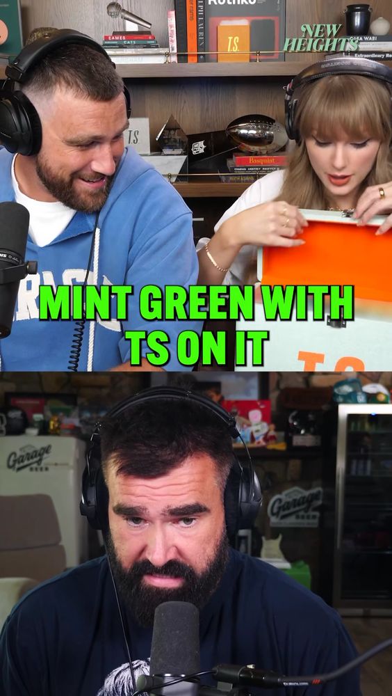Travis Kelce and Taylor Swift on top frame Taylor is opening a mint green suitcase with TS on it in orange the interior is also orange bottom frame is Jason Kelce saying "mint green with TS on it"
