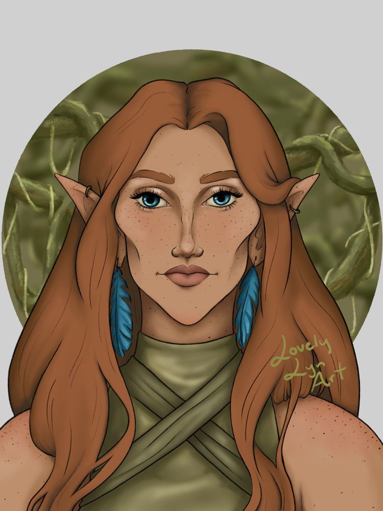 Portrait drawing of Li’strel, a feminine elf.