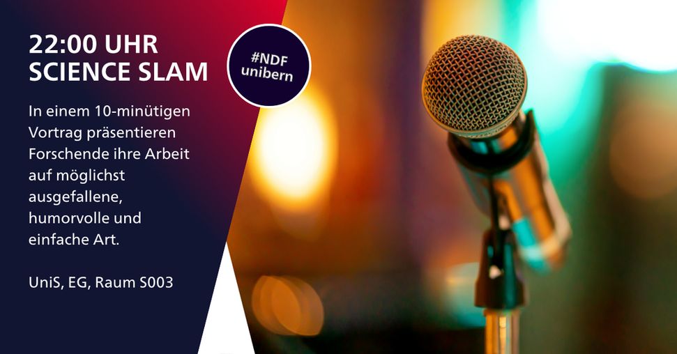 In einem 10-minütigen Vortrag präsentieren Forschende ihre Arbeit auf möglichst ausgefallene, humorvolle und einfache Art. 

22:00 Uhr, Science Slam, UniS, EG, Raum S003