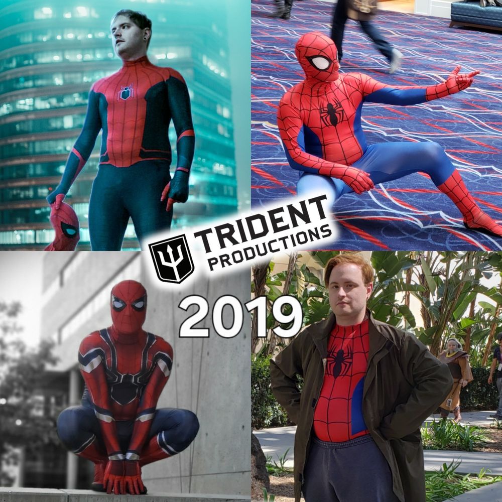 Collage of Trident Productions in 2019. Clockwise from top left: Far From Home suit, Classic suit, Peter B Parker, MCU Iron Spider