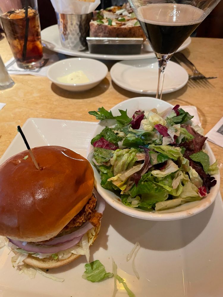 ~skinny~ fried chicken sandwich and salad with an espresso martini