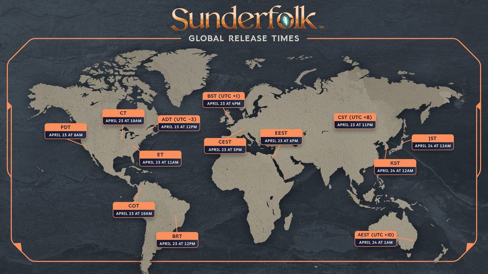 An illustrated image of a world map, marked with corresponding timezones to Sunderfolk's official launch time of April 23 at 8AM Pacific Daylight Time