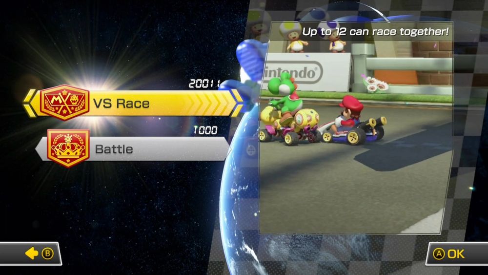 Mario Kart 8 Deluxe Online Screenshot showing VS Race and Battle. VS Race is highlighted and has twenty thousand and 11 points and Battle has one thousand. 