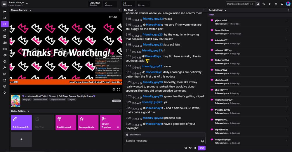 Screenshot of Twitch Dashboard which shows the Twitch Chat, preview of stream and the activity feed