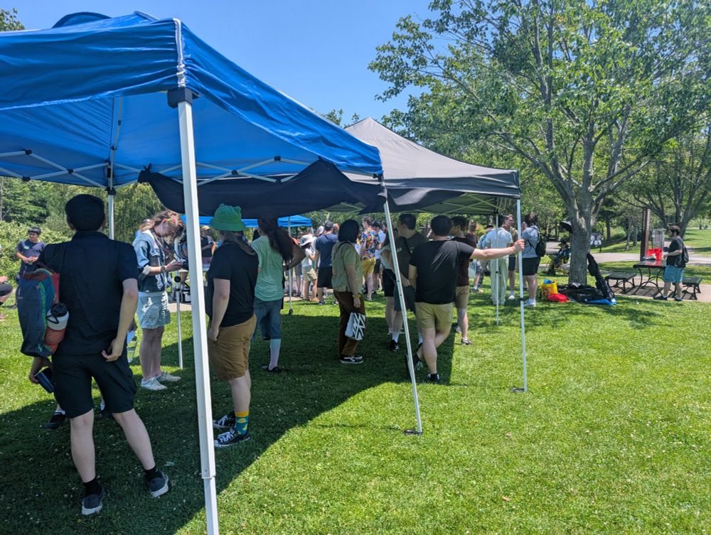 People chatting under tents in the park.