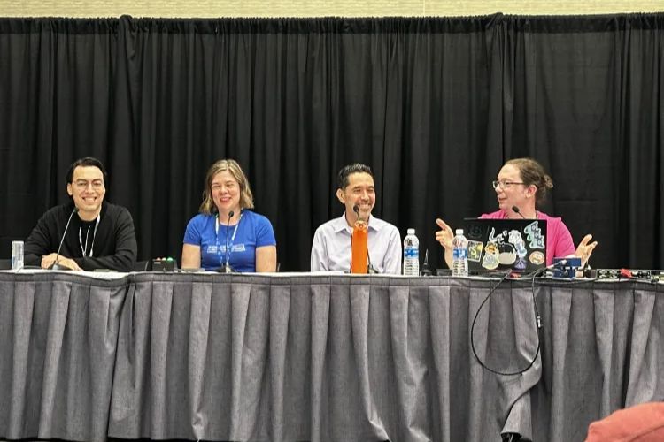 A panel featuring Alex Engel, Ichiro Lambe, Dr. Rachel Kowert and Ali El Rhermoul