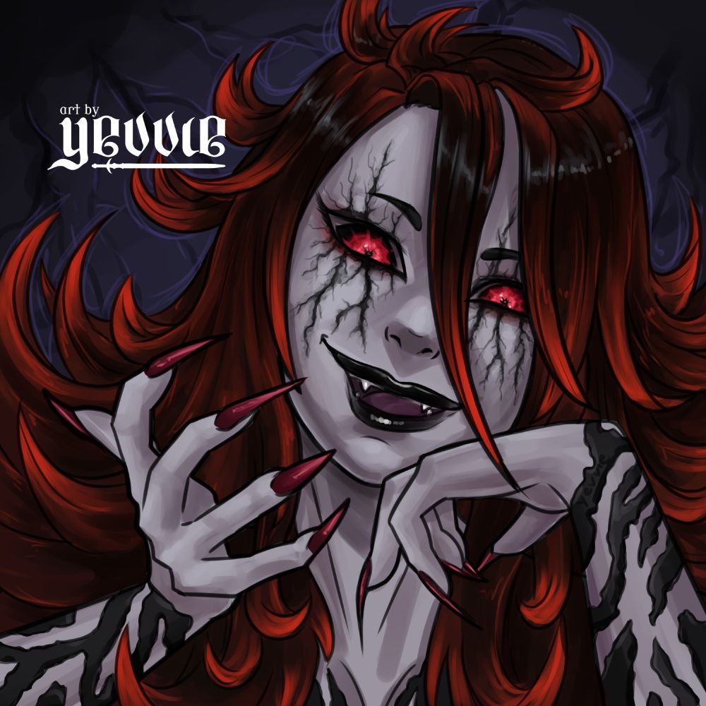 artwork by yevvie of a pale hyur woman with light grey skin, staring at the camera with a amused, evil smile with fangs showing. her eyes are glowing red, fixated on the viewer, from the eyeballs a corruption veins sprawl across the face. her lips are painted black, glossy. she's resting her head slightly on her left hand. the right hand is raised up, showing claws. her hair is a gradient of dark, near black reddish color, and a strong fire-orange tips. it's very messy and curly, adding to a spooky, dangerous vibe.