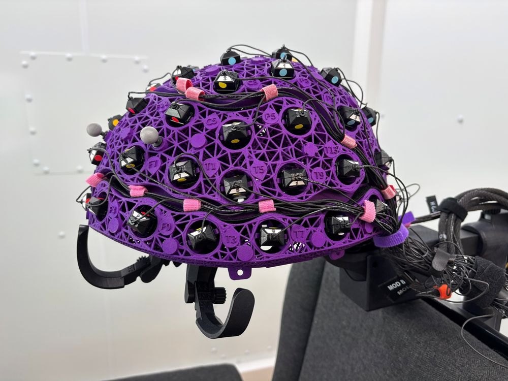 A purple helmet dotted with lots of small sensors and wires.