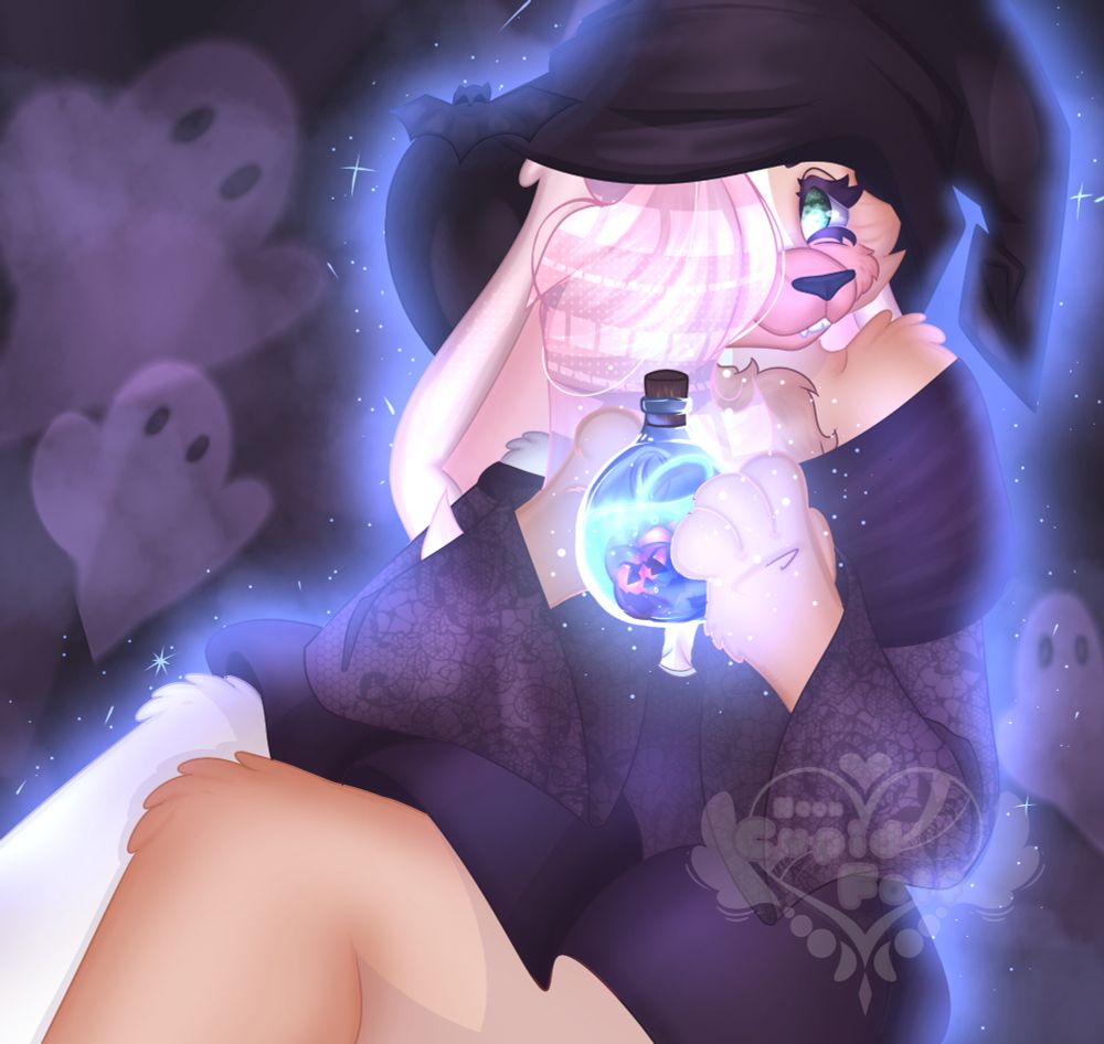 Anthro bunny in witch costume holding a glass potion jar with a pumpkin in it.