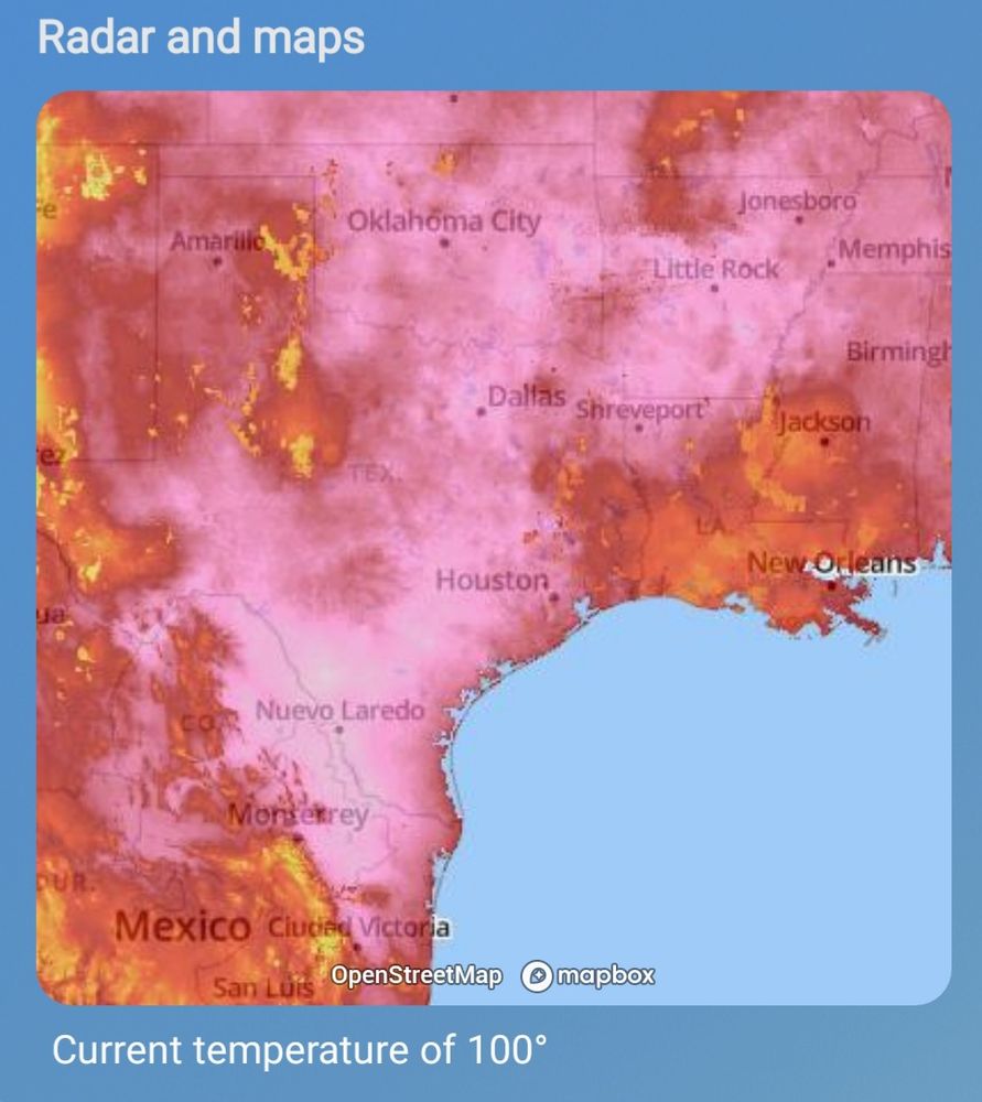 An aerial weather map of Texas and surrounding states. The ocean is solid blue. All of the states range from pink to red to yellow. The thermal image makes it appear as if the states are on fire.