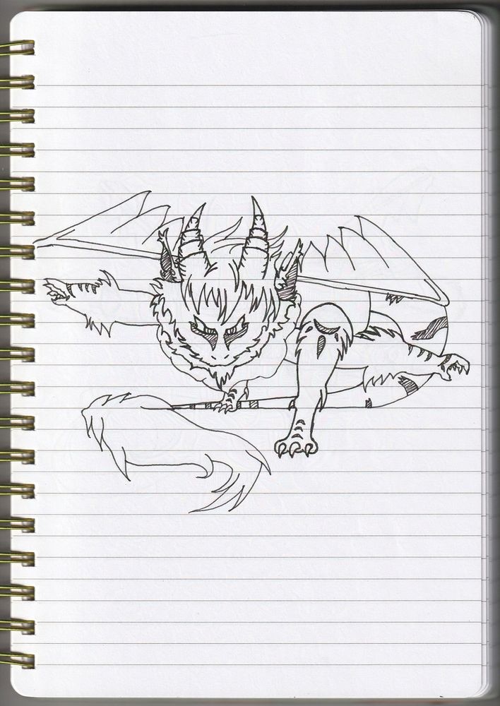 A black and white ink drawing of a dragon character on white notebook paper. They are performing the Dragon Pose as seen in yoga. They are low to the ground. Arms fully extended to the sides. One leg is over one arm while the other is extended back. They are balancing on their toes. Their tail curves around their back foot then comes forward so their fluffy tailend flops on the floor. Large floof covers their neck, jaw, elbows and knees. Their wings are flat and run parallel to their arms. Fluffy ears stick out of their head. Sharp ridged horns sit atop their head. A fierce gaze covers their face as they look directly into the camera. Tattoos/markings sit on their wrist, forearem, knees, foot, and tail to give them an otherworldly appearance.