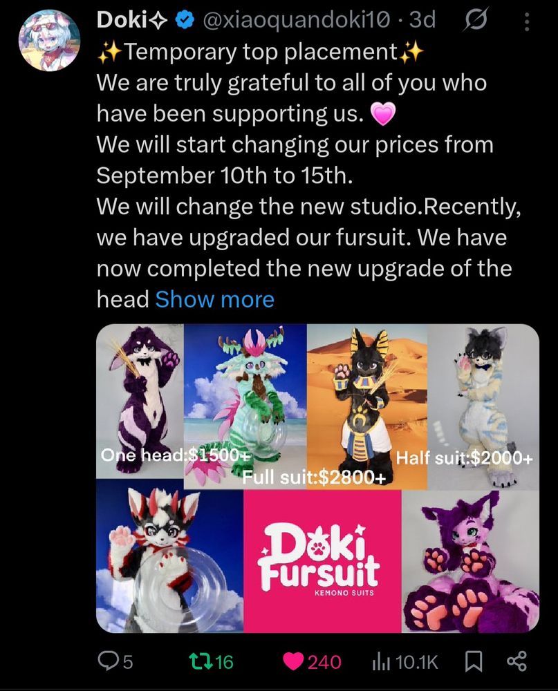 A screenshot of Doki aka @xiaoquandoki10 Twitter post of their fursuit prices. 1500+ for a head. 2000+ for halfsuit. 2800+ for fullsuit.